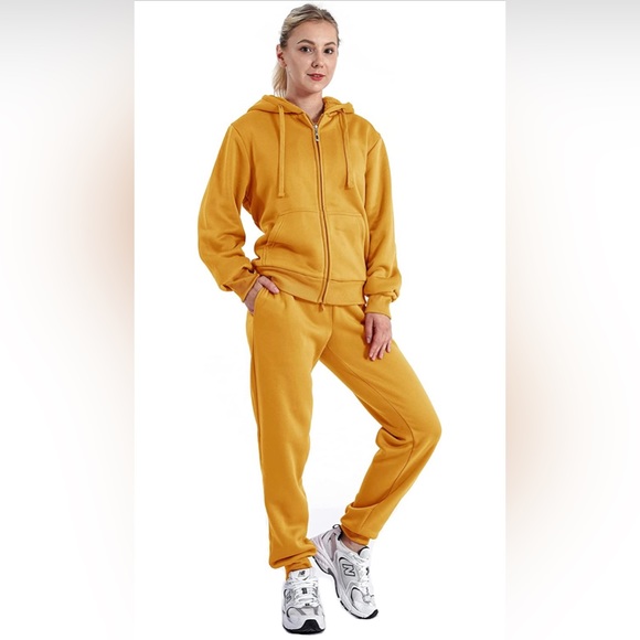 2 Piece Tracksuit Sherpa Fleece Lined Zip Up Hoodie & Joggers Mustard Yellow NEW - Picture 5 of 13